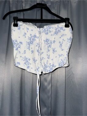 Garage White Strapless Corset Top with Light Blue Floral Print